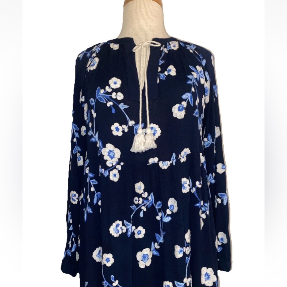 Karen Kane Blue Midi Dress With Embroidered Flowers & Pockets Women’s Size M